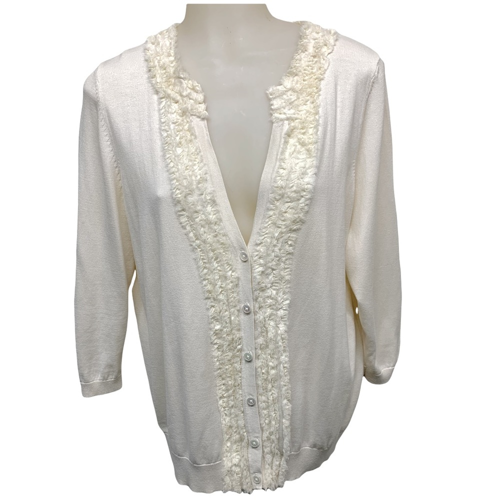 TALBOTS Silk Blend Ruffled Button Down V Neck Sweater Cardigan Preppy - Picture 1 of 9